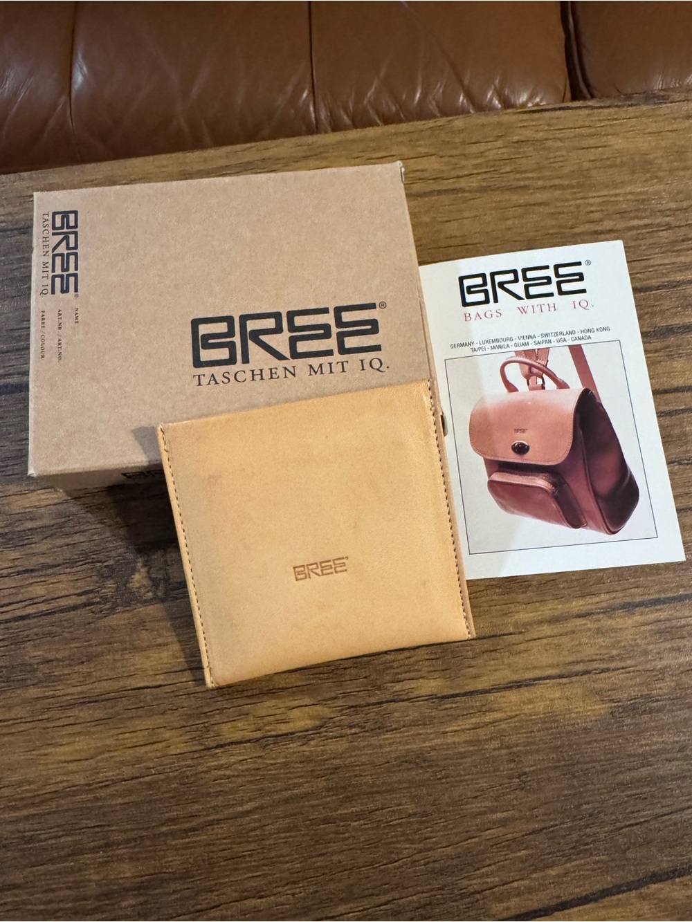 Vintage BREE Germany Natural Tan Leather Card Case Coin Pouch Boxed Deadstock
